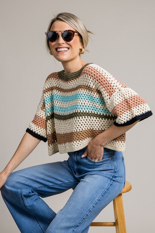 Crochet Stripe Top, Multi - Sale - The Blue Door Boutique